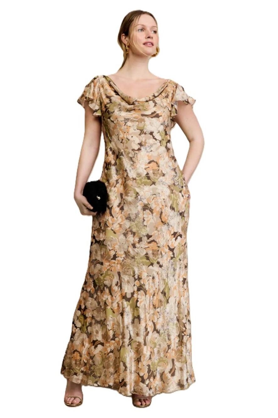 Lauren Ralph Lauren Women Floral Metallic Jacquard Cowlneck Gown Dress Size 12